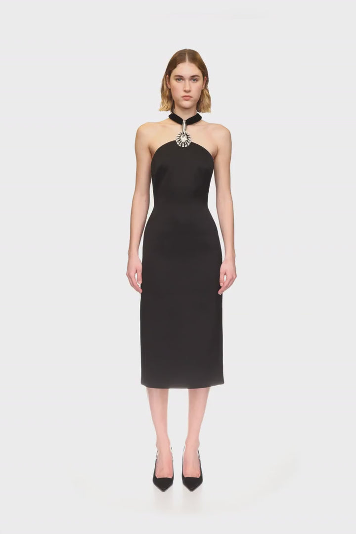 CRYSTAL PENDANT HALTER MIDI DRESS