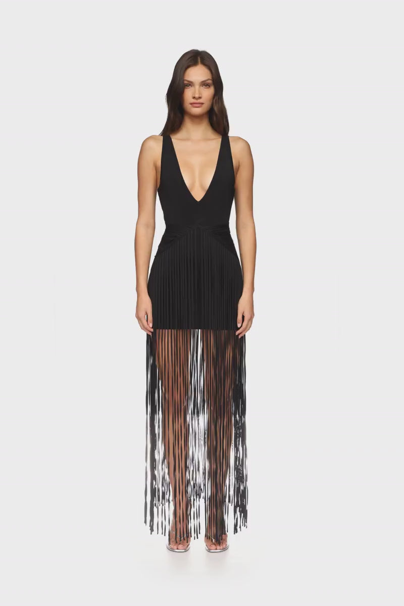 FULL FRINGE SKIRT V NECK KNIT DRESS