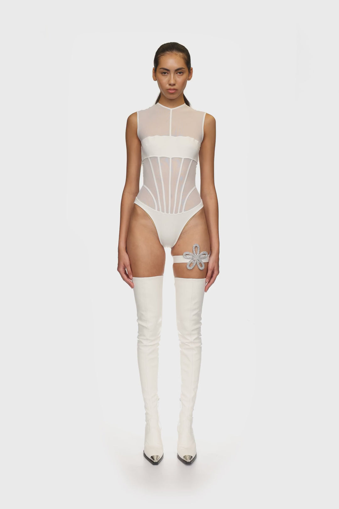 BANDEAU MESH BODYSUIT IN WHITE