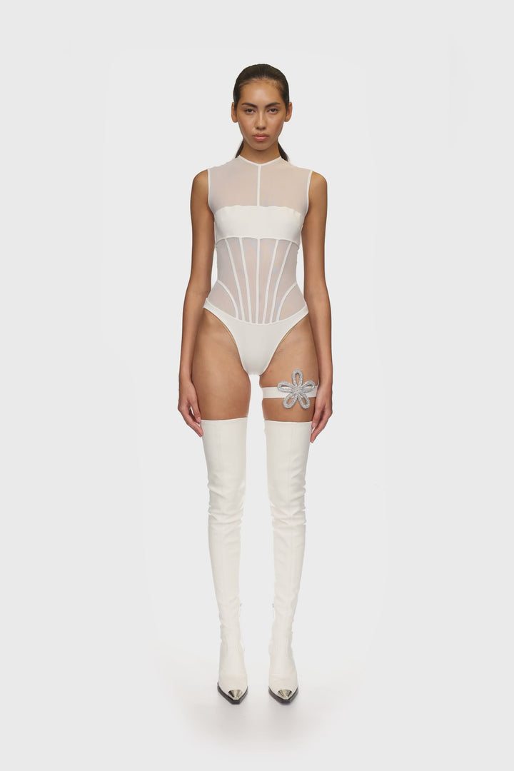 BANDEAU MESH BODYSUIT IN WHITE