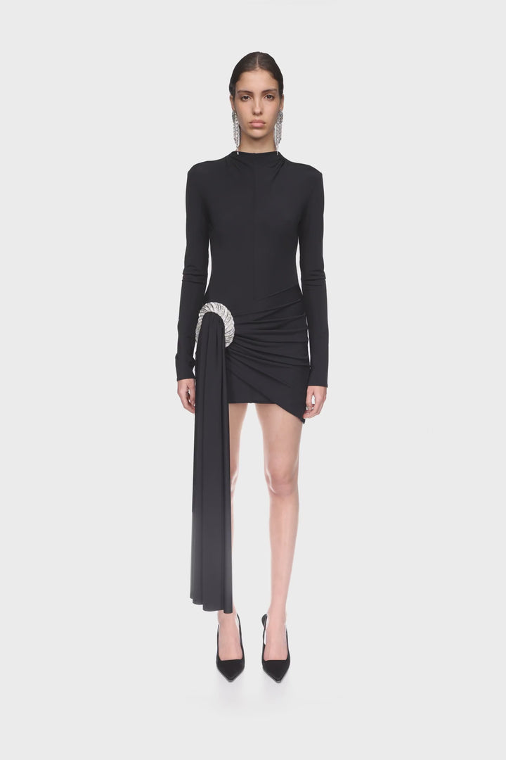 CRYSTAL SPIRAL AND DRAPE MINI DRESS IN BLACK