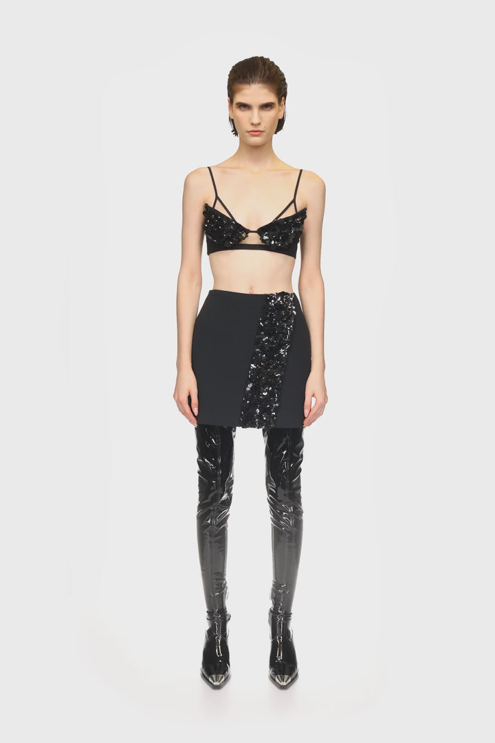 BLACK CRYSTAL AND PETAL EMBELLISHED BRA