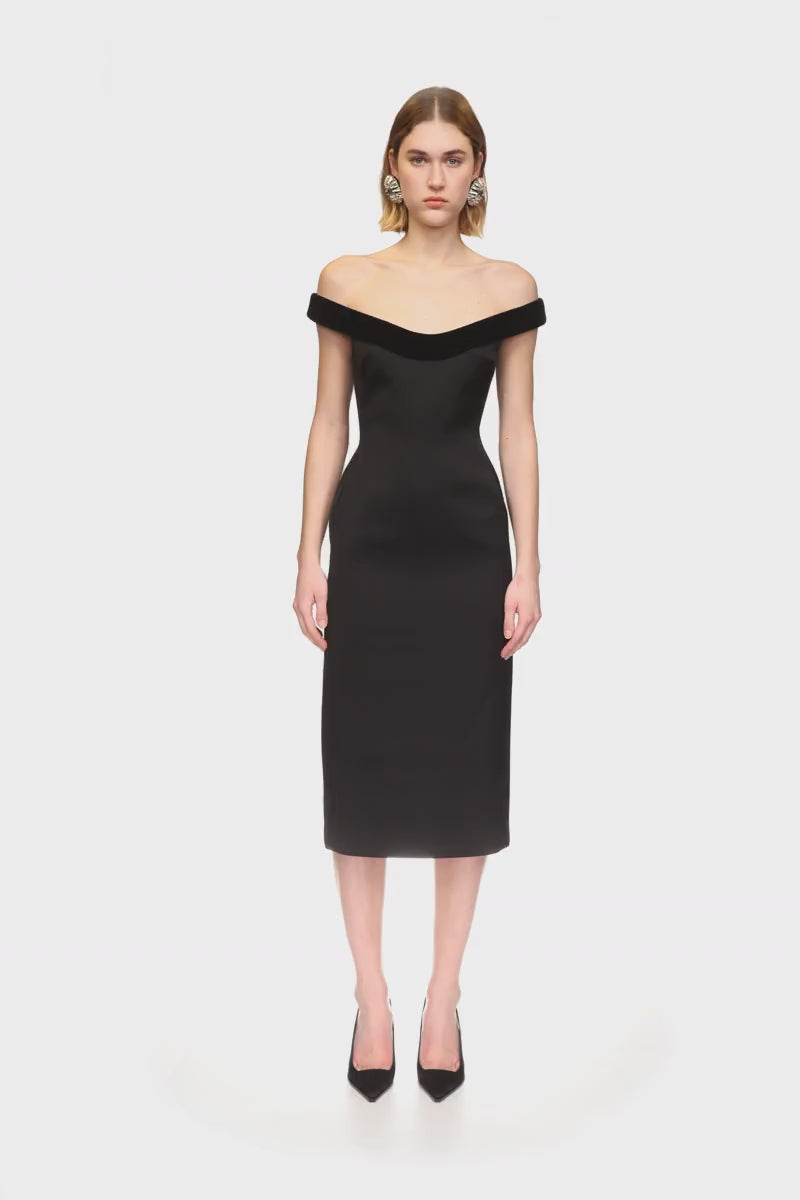 VELVET TRIMMED OFF-THE-SHOULDER MIDI DRESS
