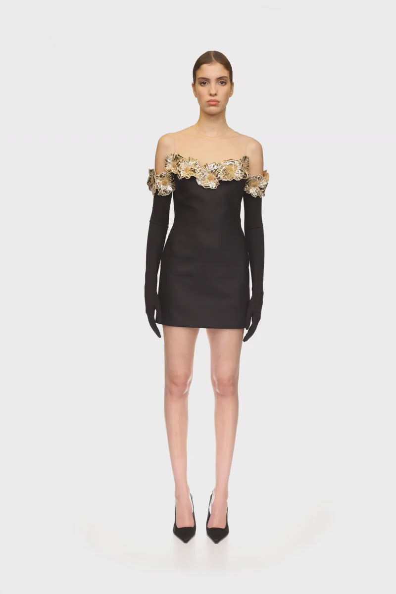 3D FLOWER AND TULLE MINI DRESS