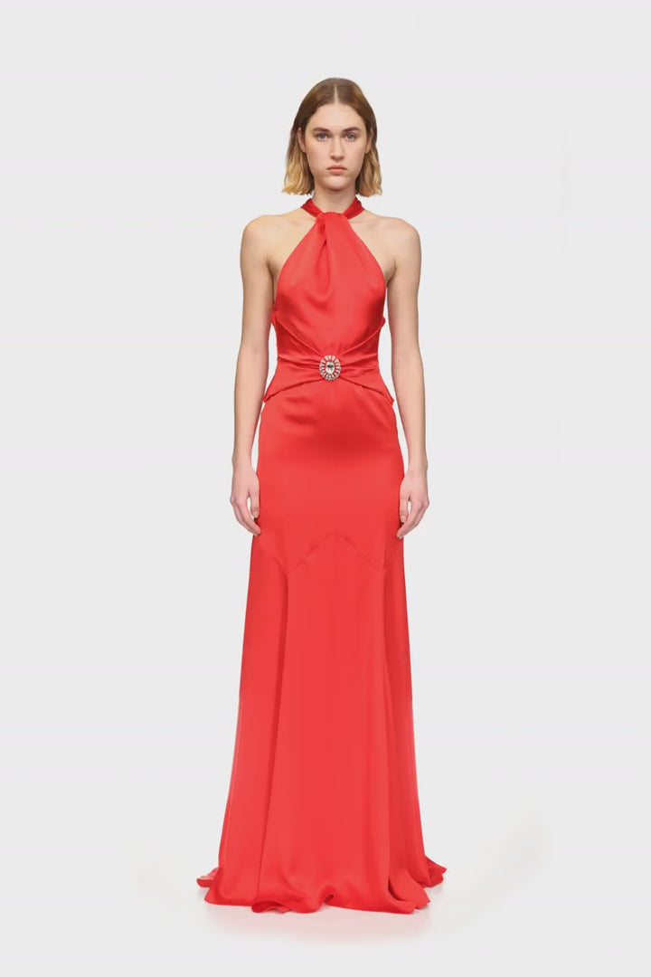 HALTERNECK GOWN WITH PENDANT WAIST DETAIL