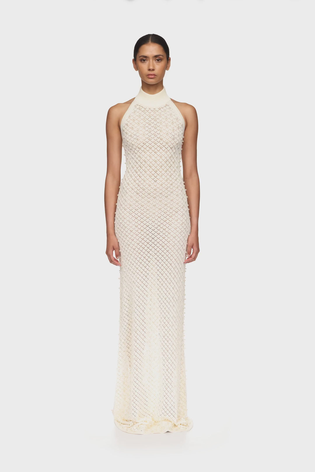 PEARL EMBELLISHED KNIT HALTER GOWN