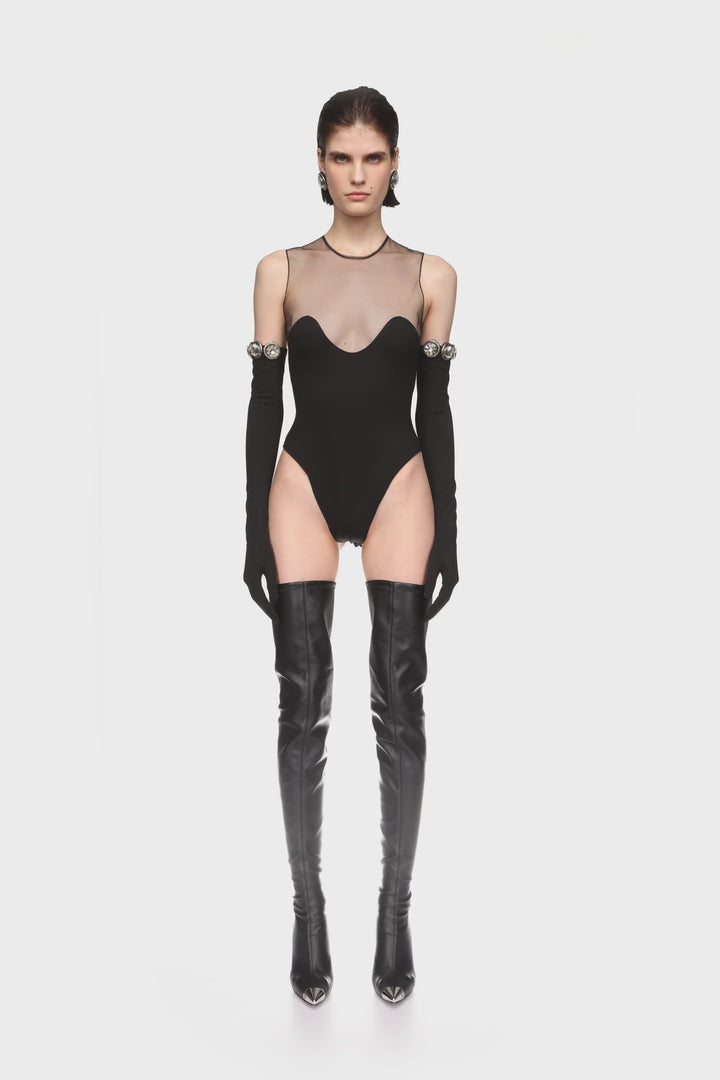 WAVE NECKLINE AND TULLE BODYSUIT IN BLACK