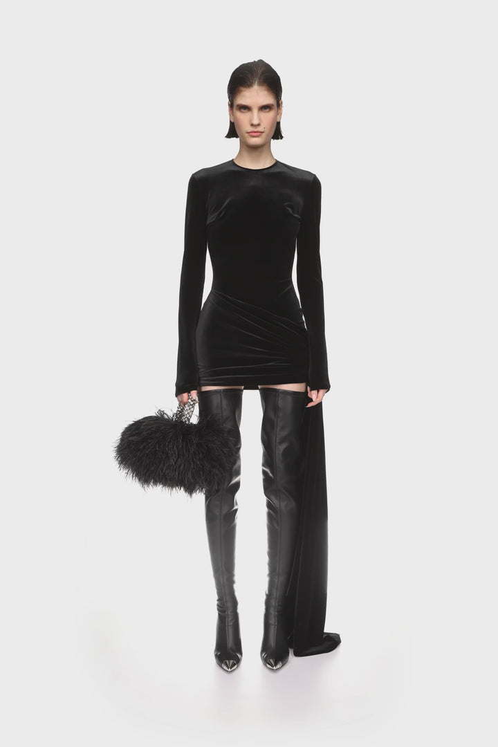 ASYMMETRIC HEM VELVET MINI DRESS