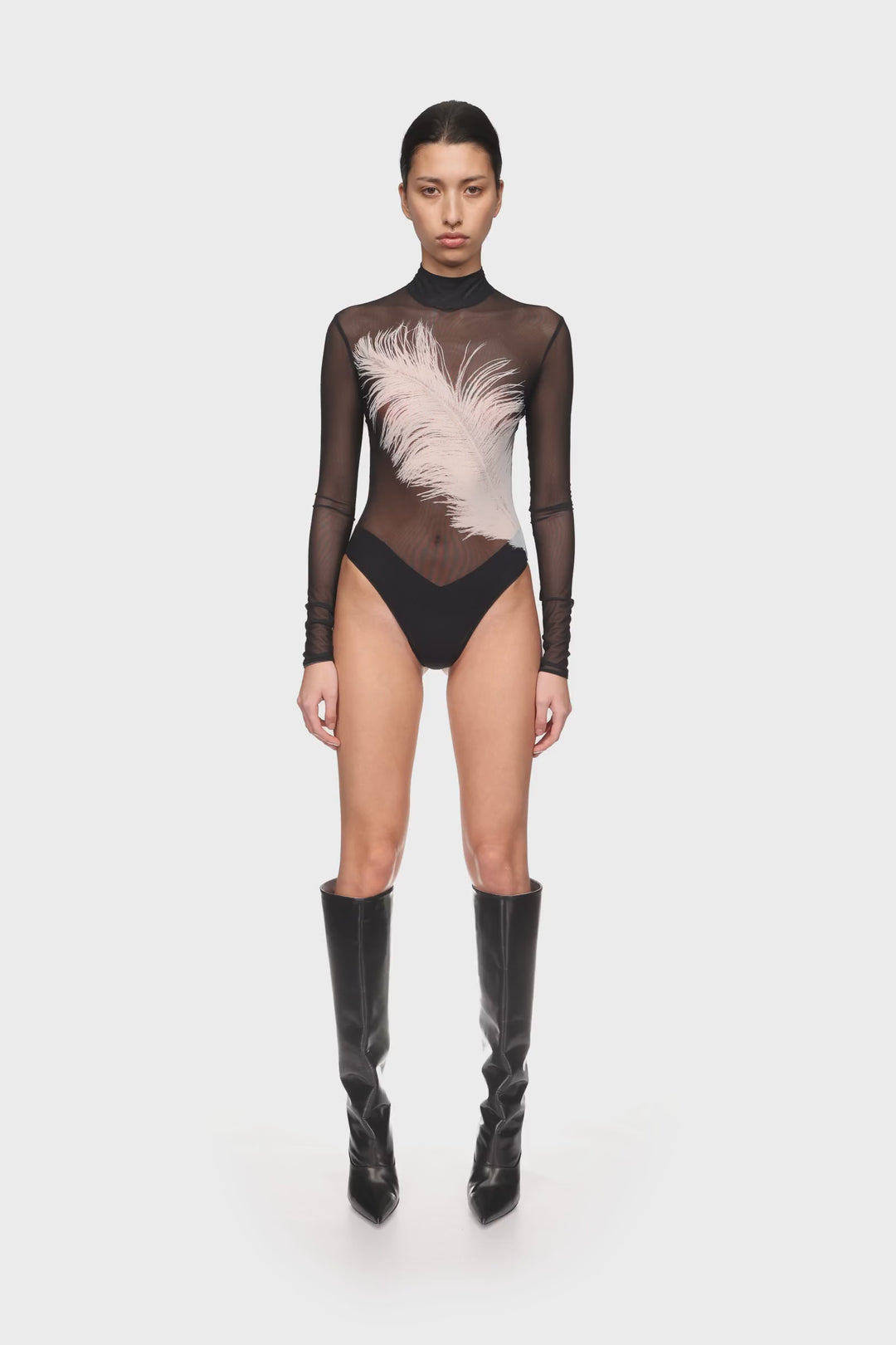 PRINTED MESH LONG SLEEVE BODYSUIT David Koma