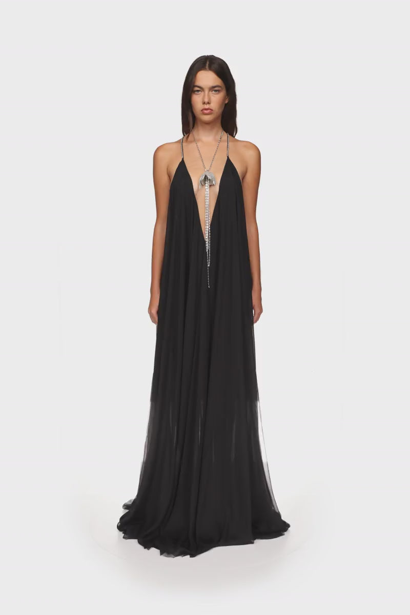 CRYSTAL FLOWER AND CHIFFON MAXI GOWN