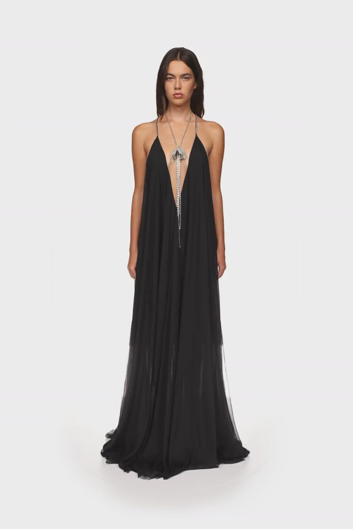 CRYSTAL FLOWER AND CHIFFON MAXI GOWN