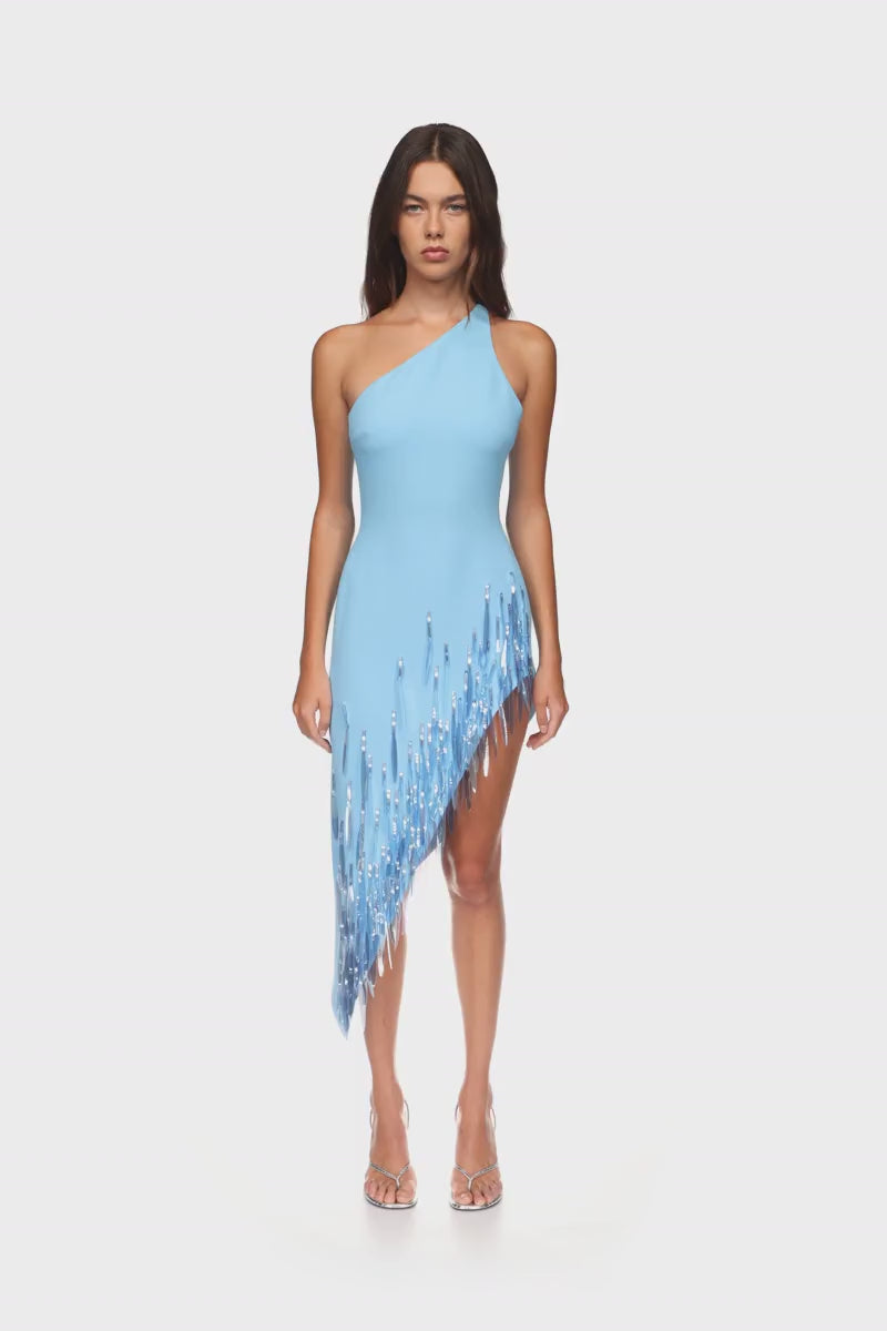 GRADIENT SEQUIN ONE SHOULDER MIDI DRESS