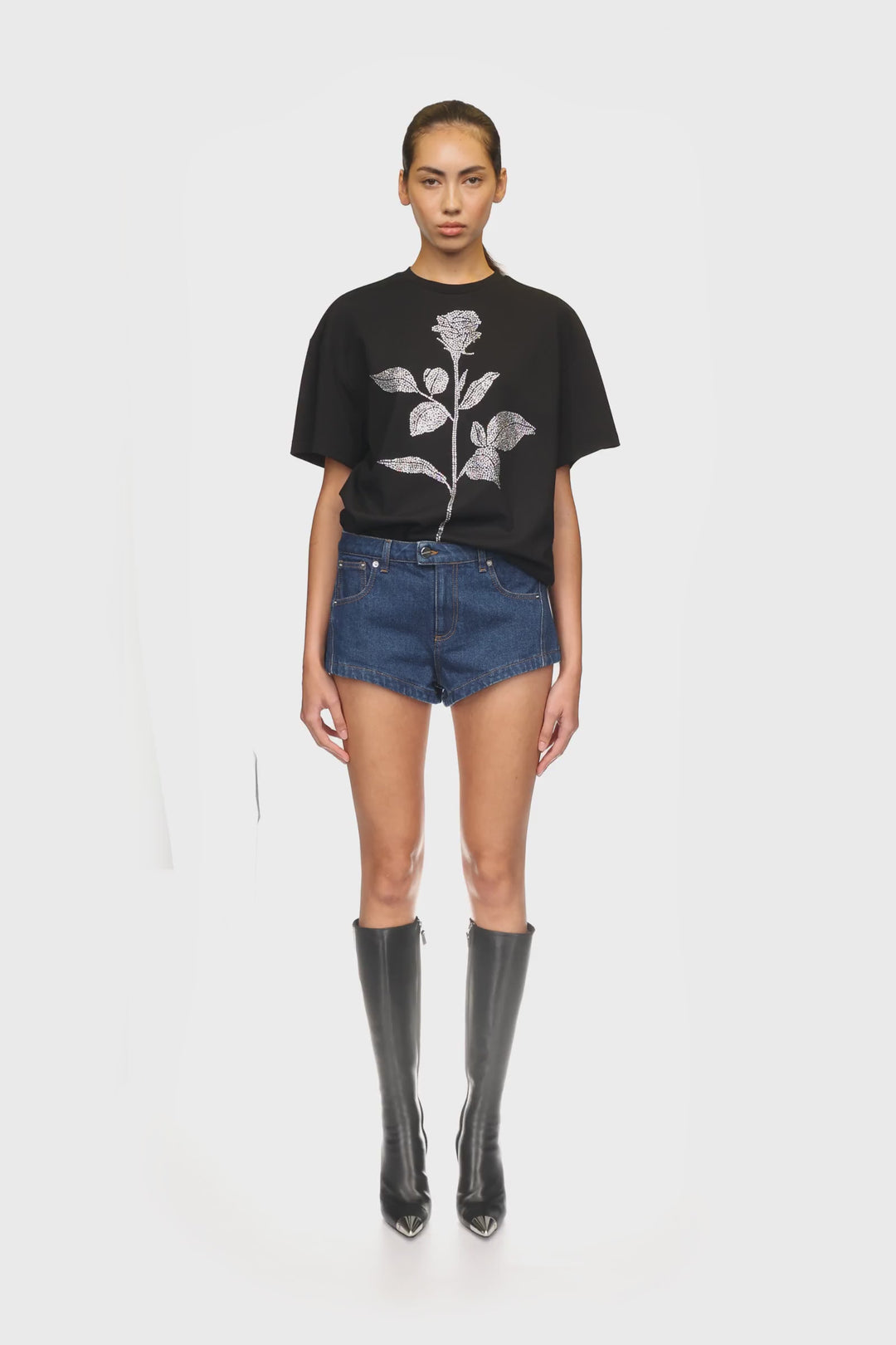 BLACK RHINESTONE ROSE T-SHIRT