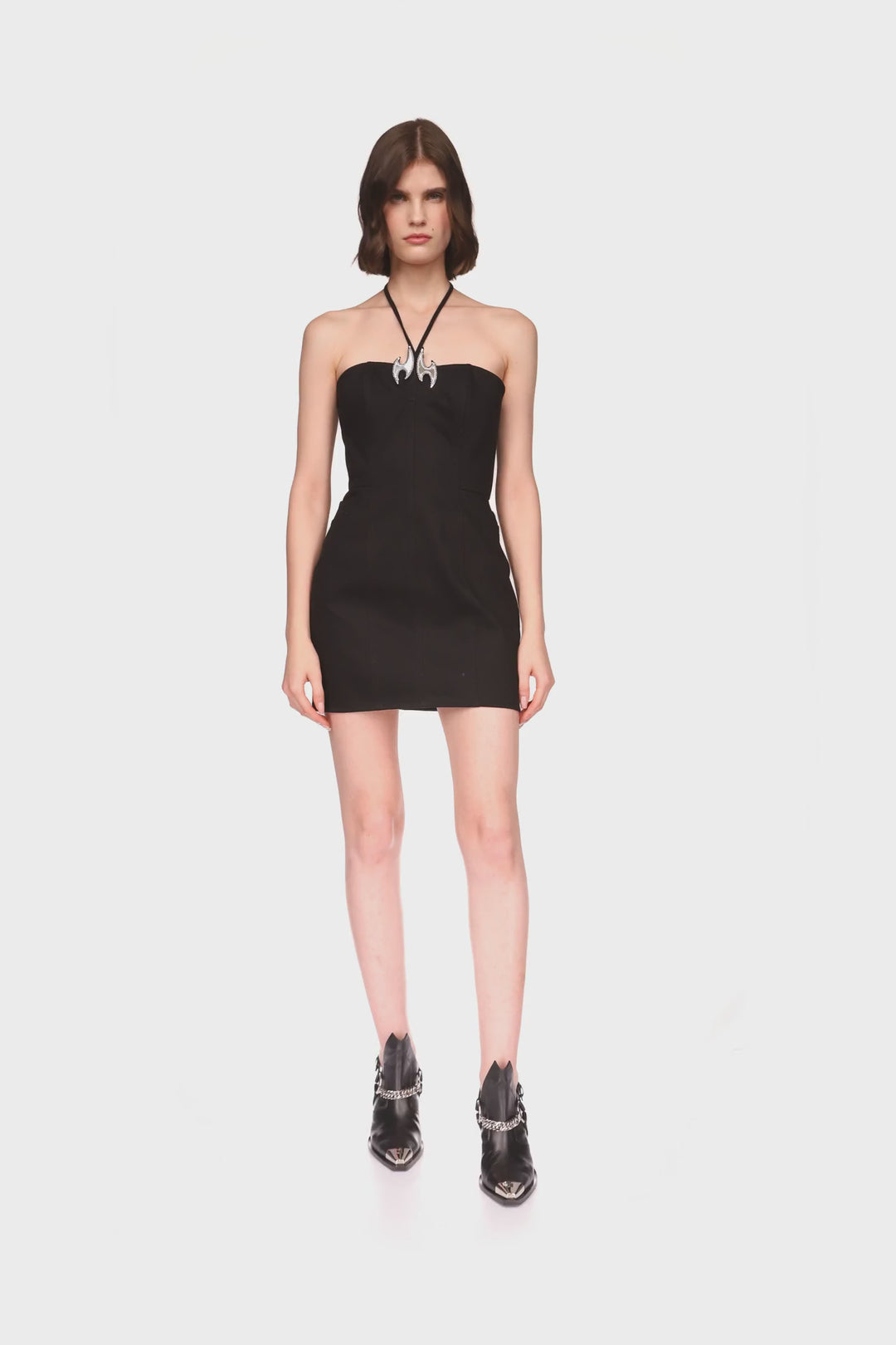 CRYSTAL & PLEXI EMBROIDERY FISH HOOK DENIM DRESS