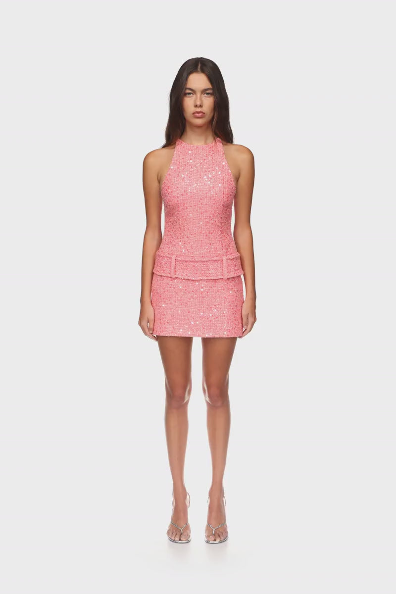 SEQUIN BOUCLE HALTERNECK MINI DRESS