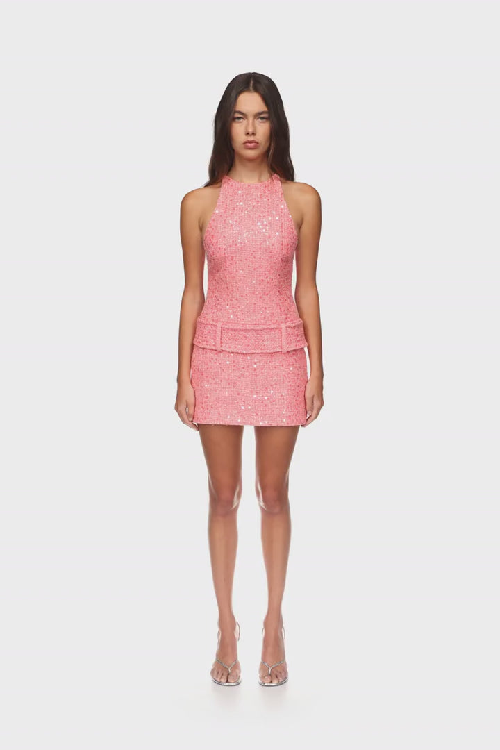 SEQUIN BOUCLE HALTERNECK MINI DRESS