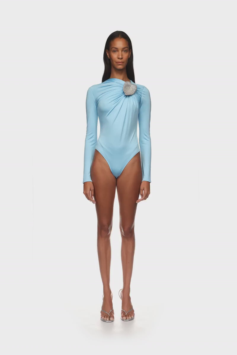 CRYSTAL LEAF AND RUCHED DETAIL BODYSUIT