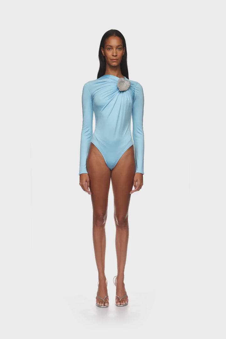 CRYSTAL LEAF AND RUCHED DETAIL BODYSUIT