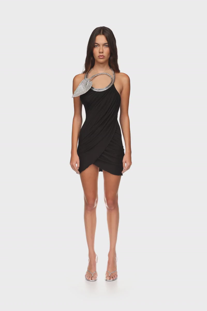 CRYSTAL LEAF NECKLINE MINI DRESS