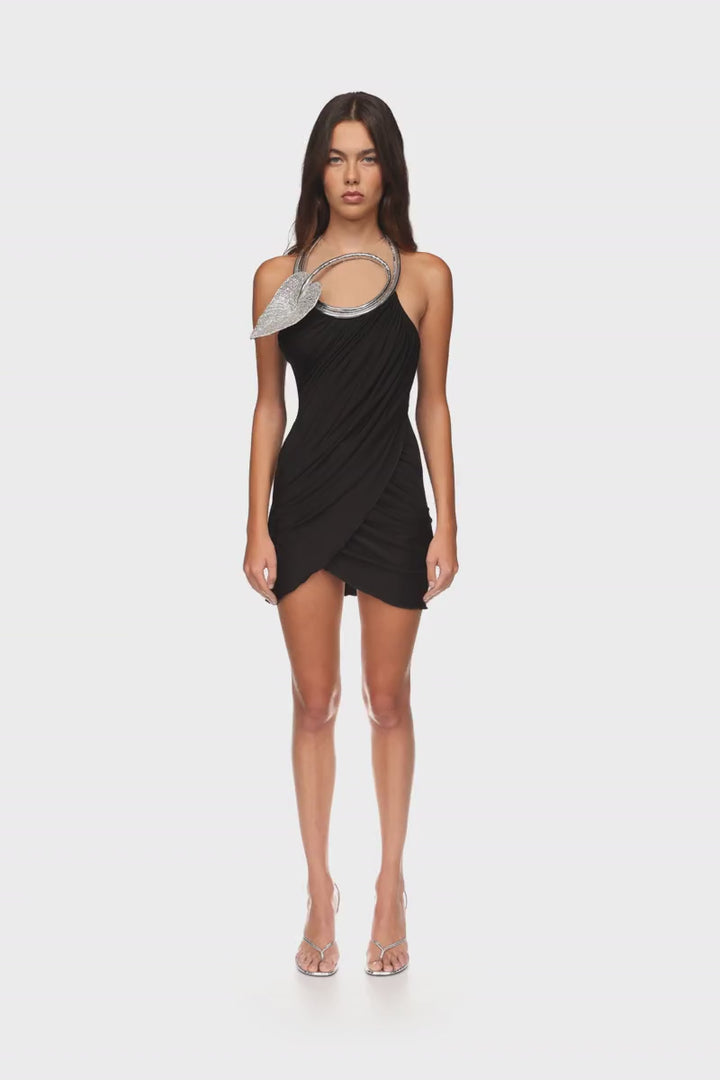 CRYSTAL LEAF NECKLINE MINI DRESS