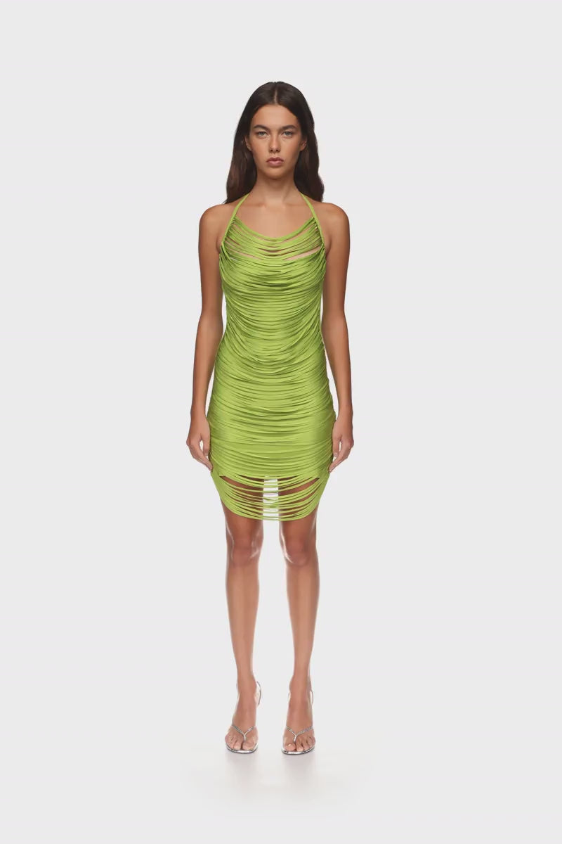 FRINGE DRAPED MINI KNIT DRESS IN GREEN