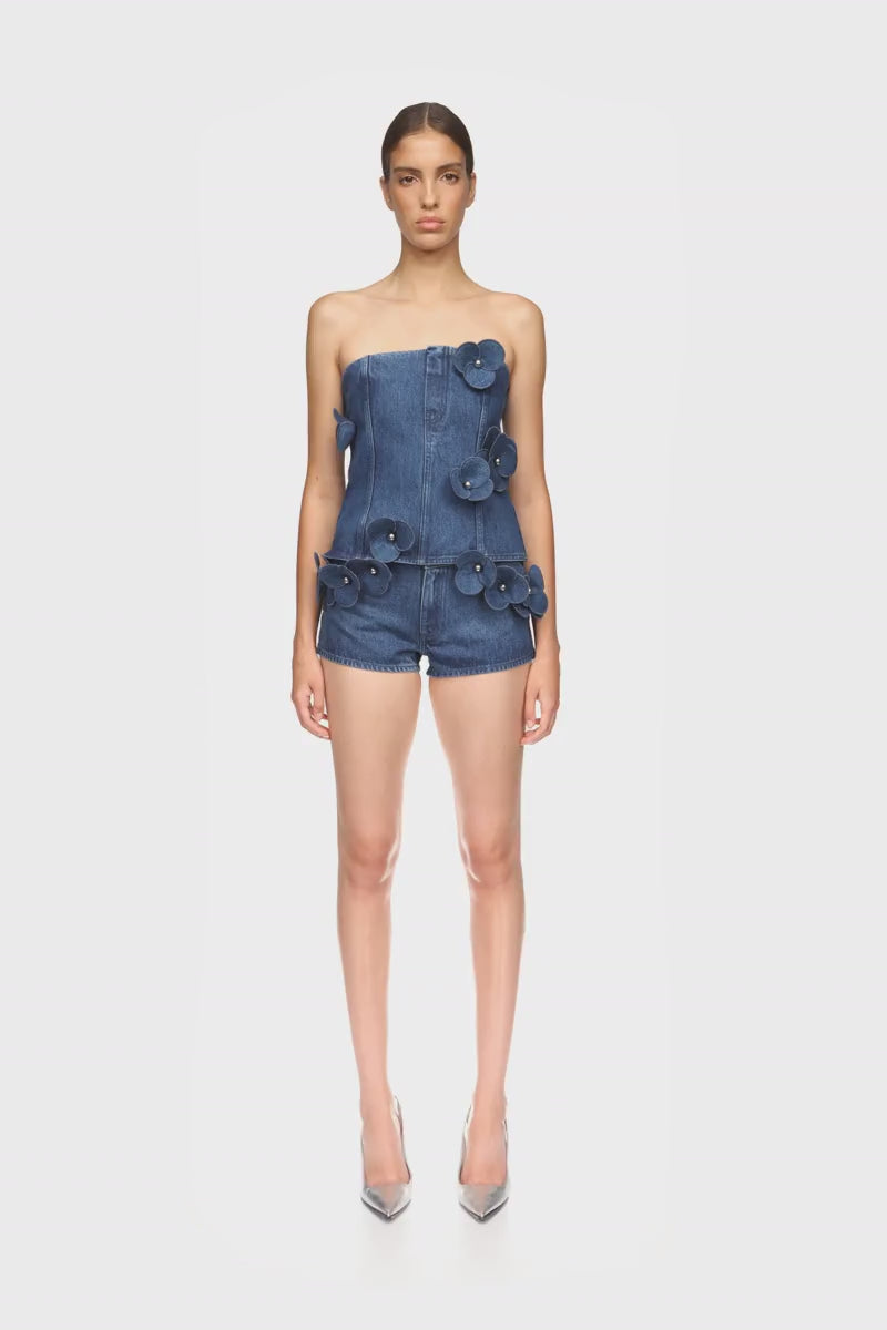 3D FLOWER DENIM CORSET TOP IN INDIGO