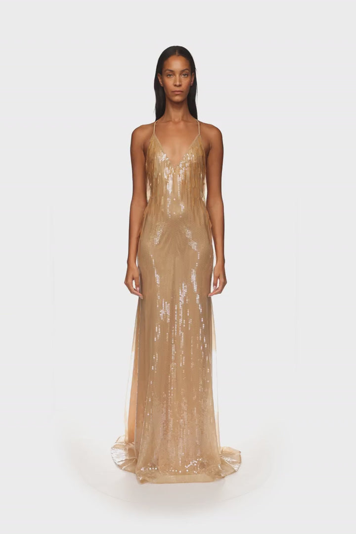 GRADIENT SEQUIN V NECK GOWN
