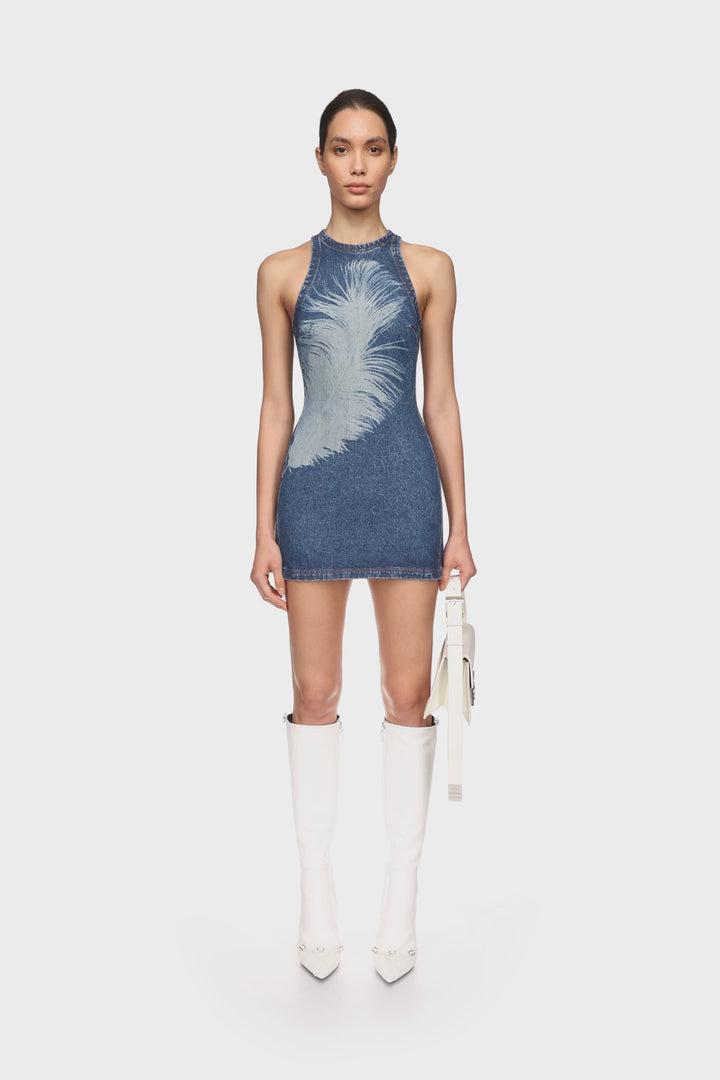 FEATHER PRINT MINI DENIM DRESS