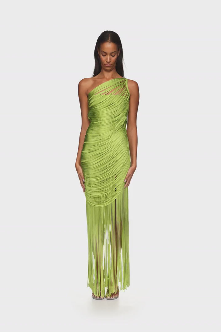 FRINGE DRAPING KNIT GOWN IN GREEN