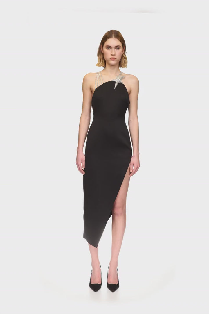 CRYSTAL STAR AND STRAPS MIDI DRESS