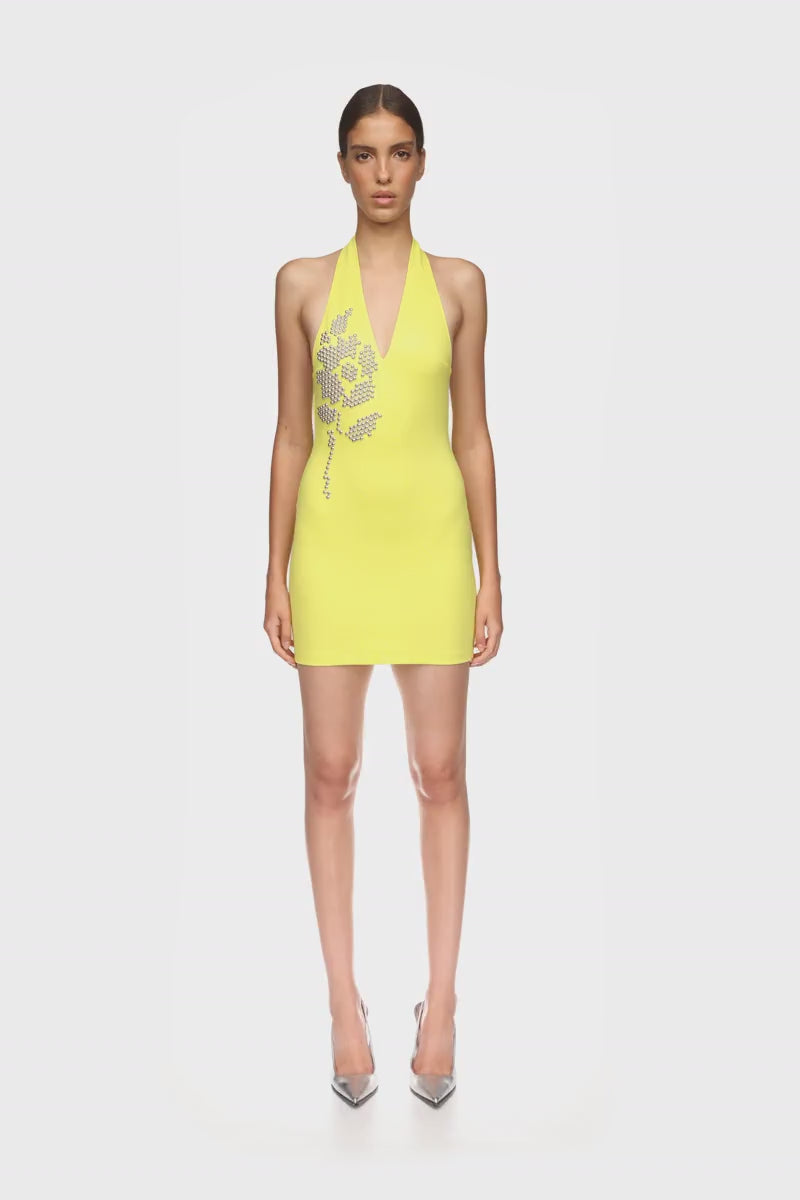 SILVER FLOWER HALTER MINI DRESS