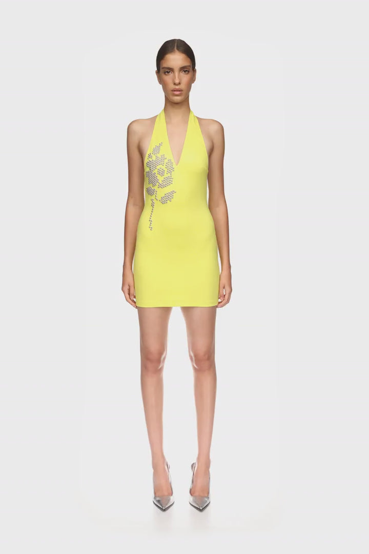 SILVER FLOWER HALTER MINI DRESS