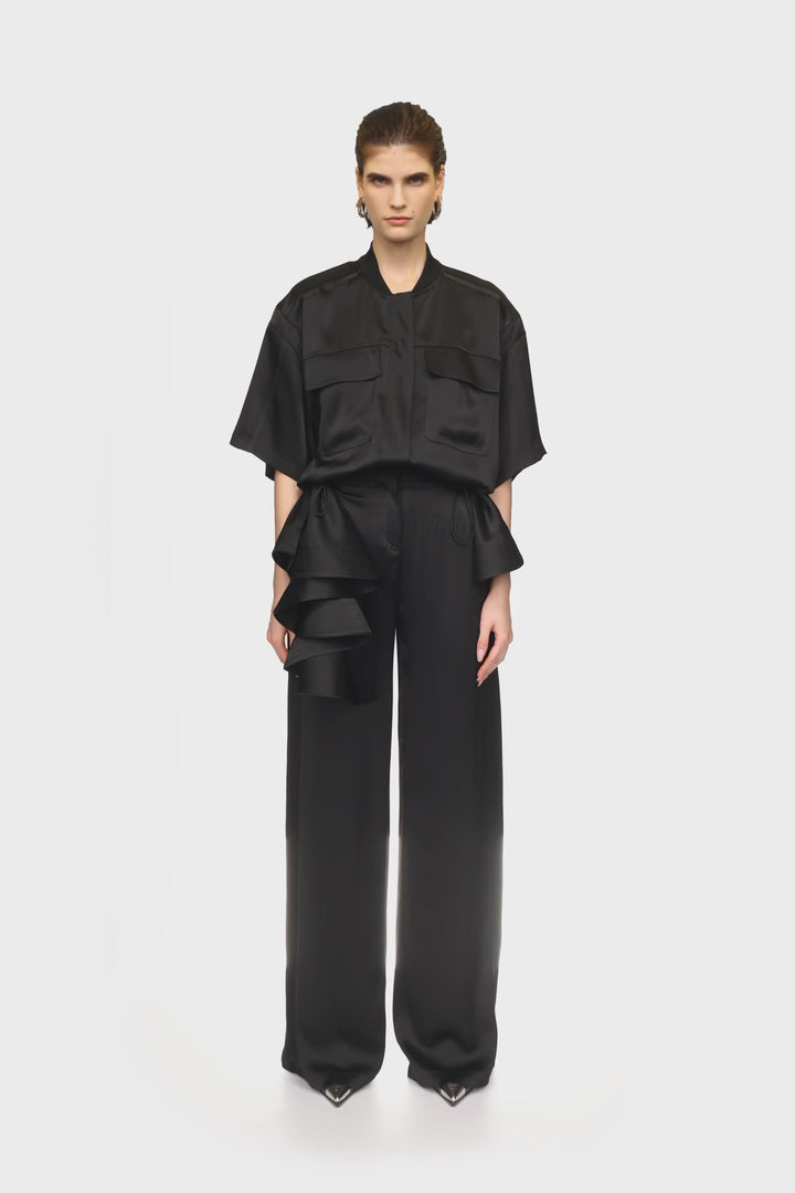 BLACK SATIN SHIRT JUMPSUIT