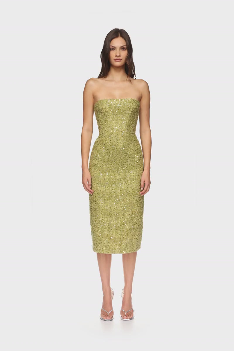 SEQUIN BOUCLE CORSET MIDI DRESS