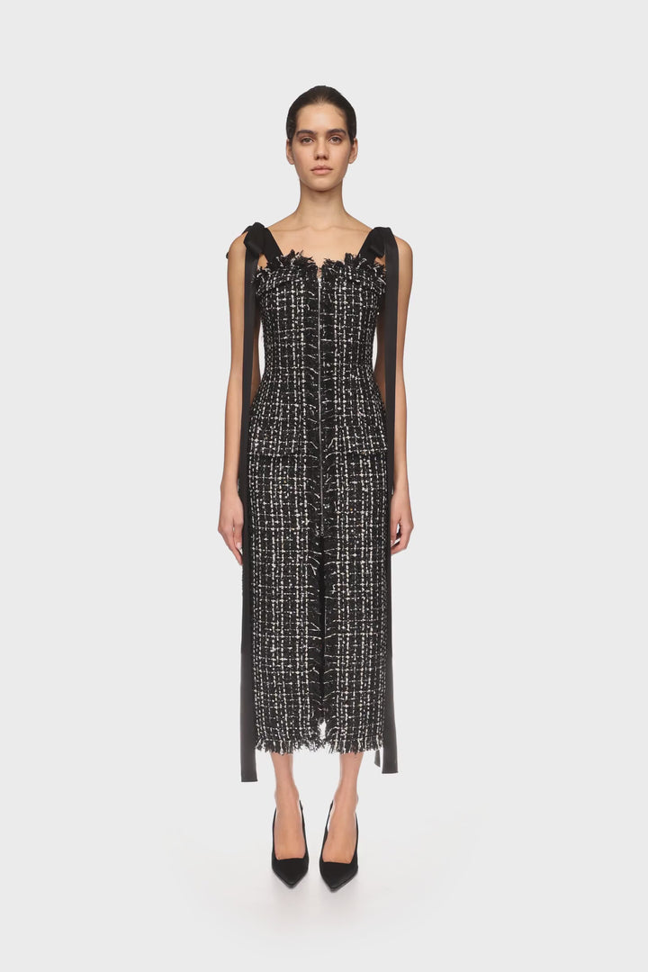 SATIN BOW AND TWEED MIDI DRESS