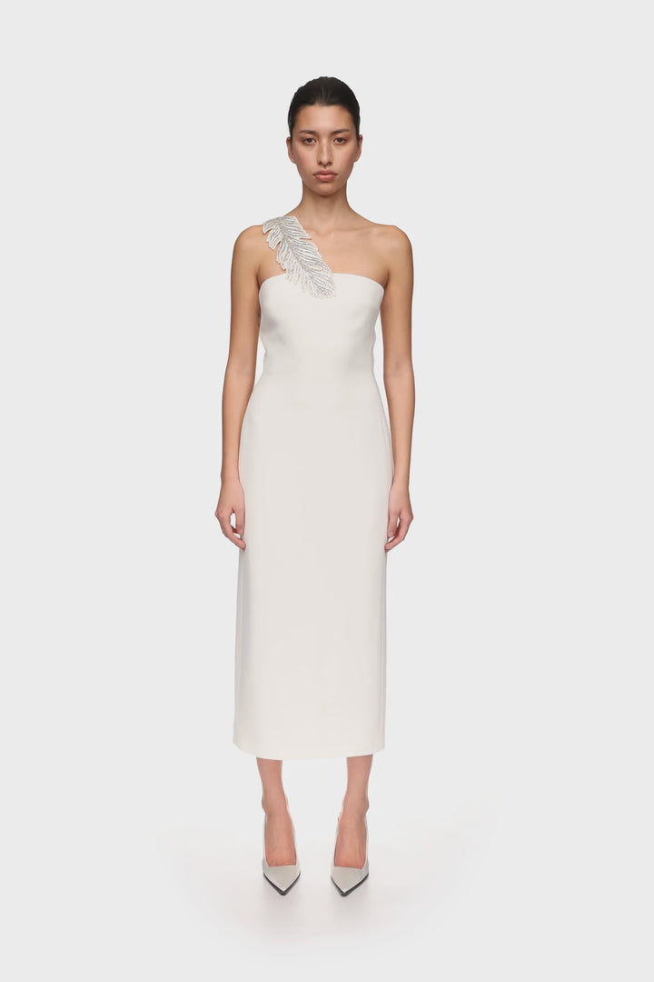 CRYSTAL FEATHER ONE SHOULDER MIDI DRESS