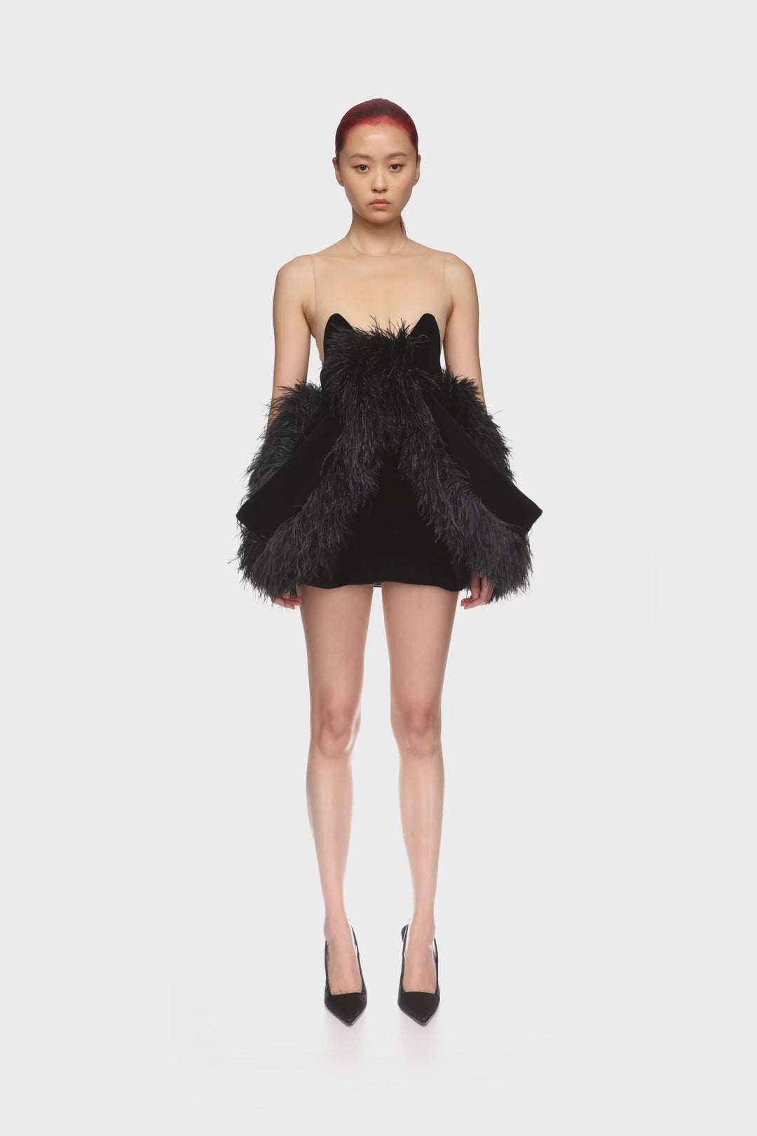 FOLD SKIRT AND FEATHER TRIM MINI DRESS