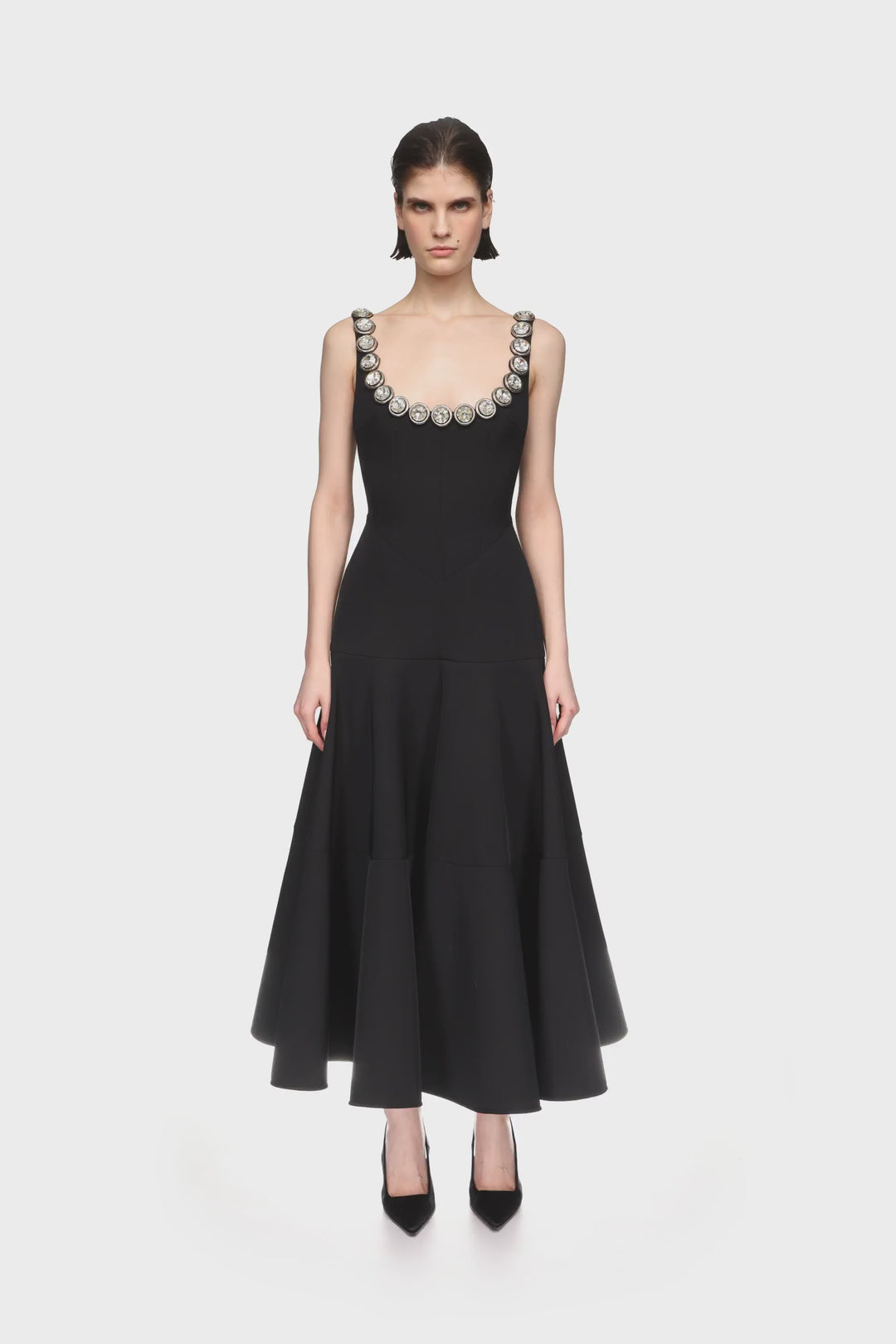 CRYSTAL EMBROIDERED NECKLINE MIDI DRESS