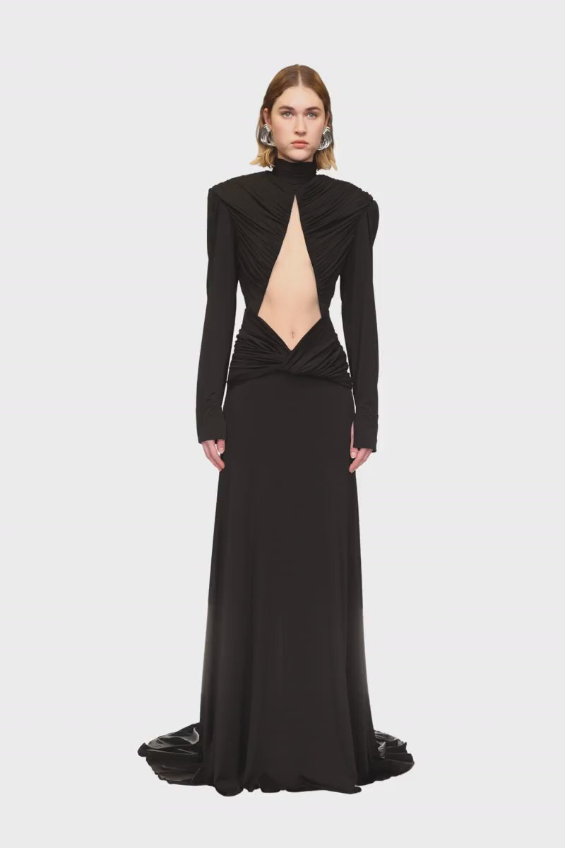 CUTOUT DETAIL LONG SLEEVE GOWN IN BLACK