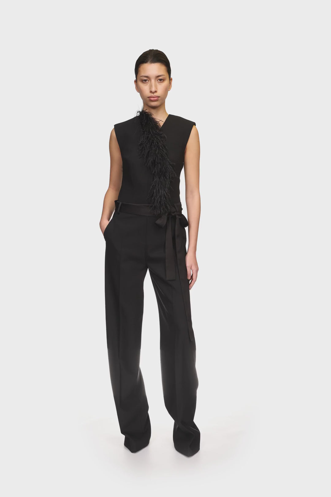DETACHABLE FEATHER TRIM JUMPSUIT