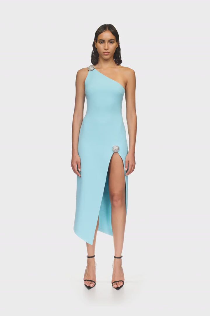 CRYSTAL BALL ONE SHOULDER MIDI DRESS