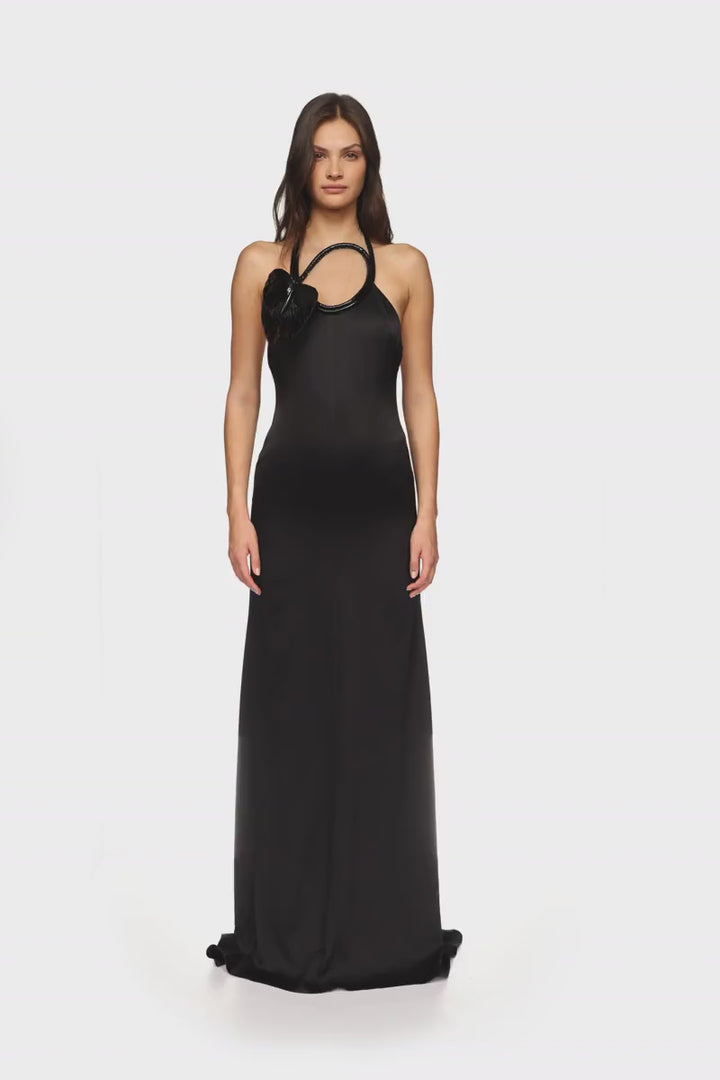 LEATHER LEAF HALTER NECK GOWN