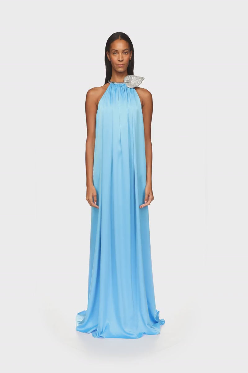 CRYSTAL LEAF AND GATHERED SATIN GOWN