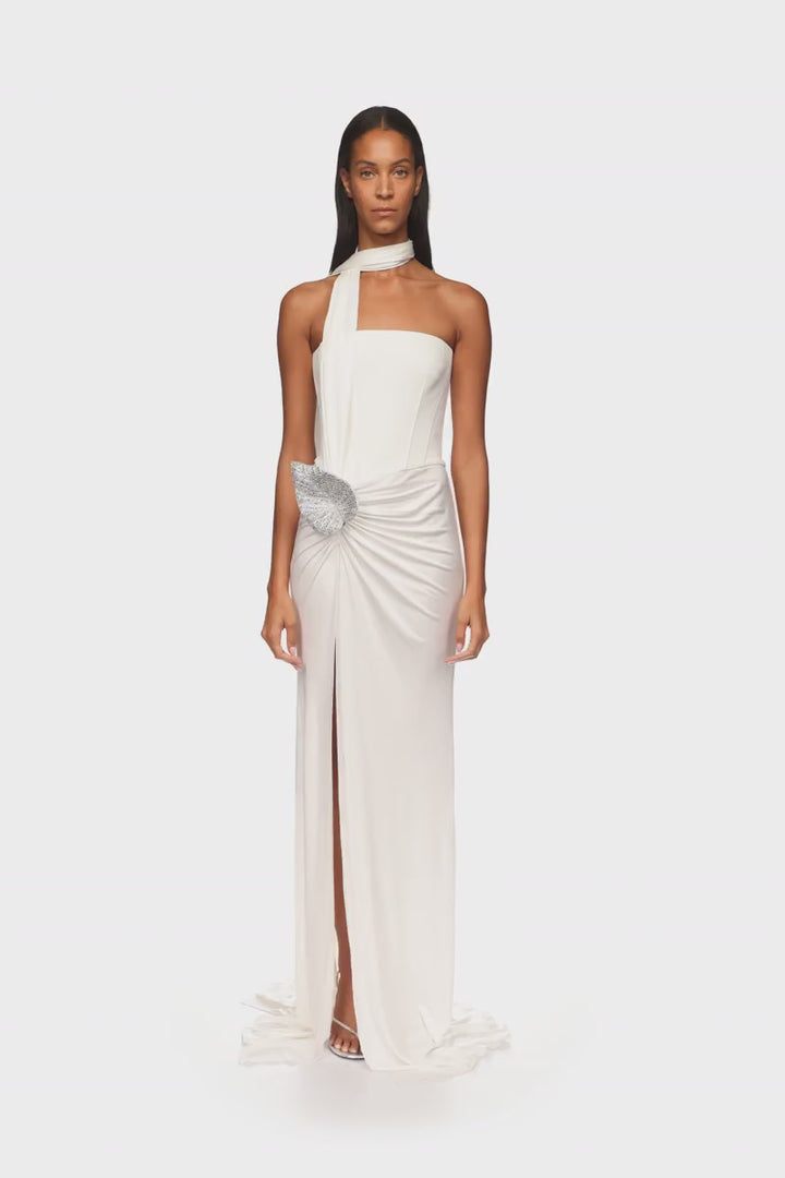 CORSET TOP AND CRYSTAL LEAF GOWN