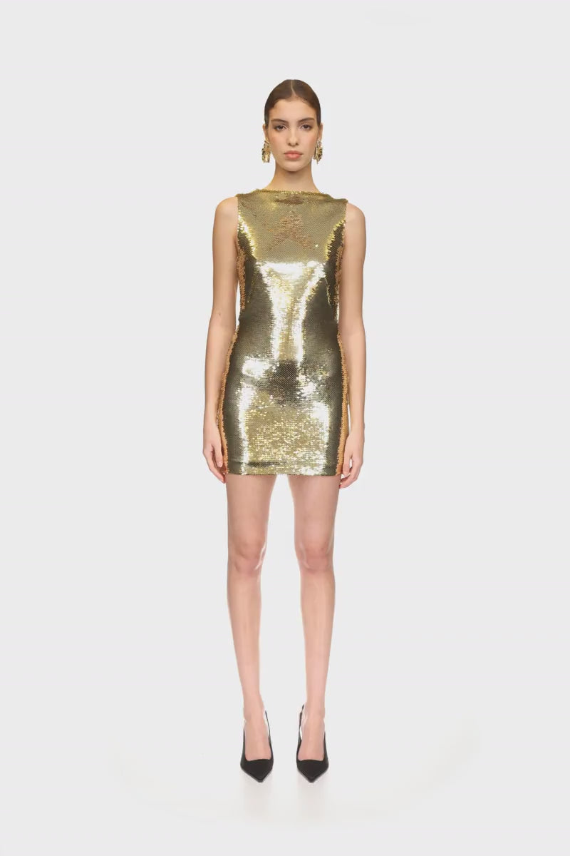 SEQUIN DRAPED BACK MINI DRESS