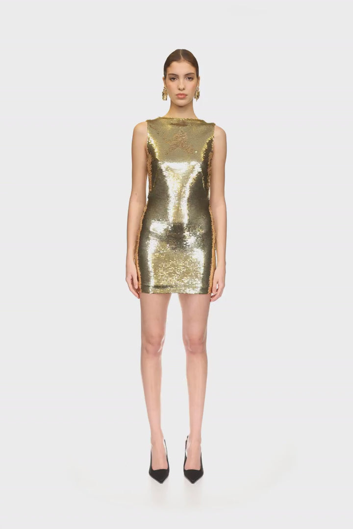 SEQUIN DRAPED BACK MINI DRESS