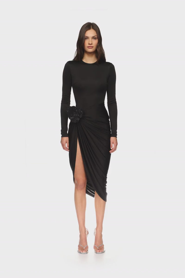 RHINESTONE LEAF AND LONG SLEEVES MIDI DRESS