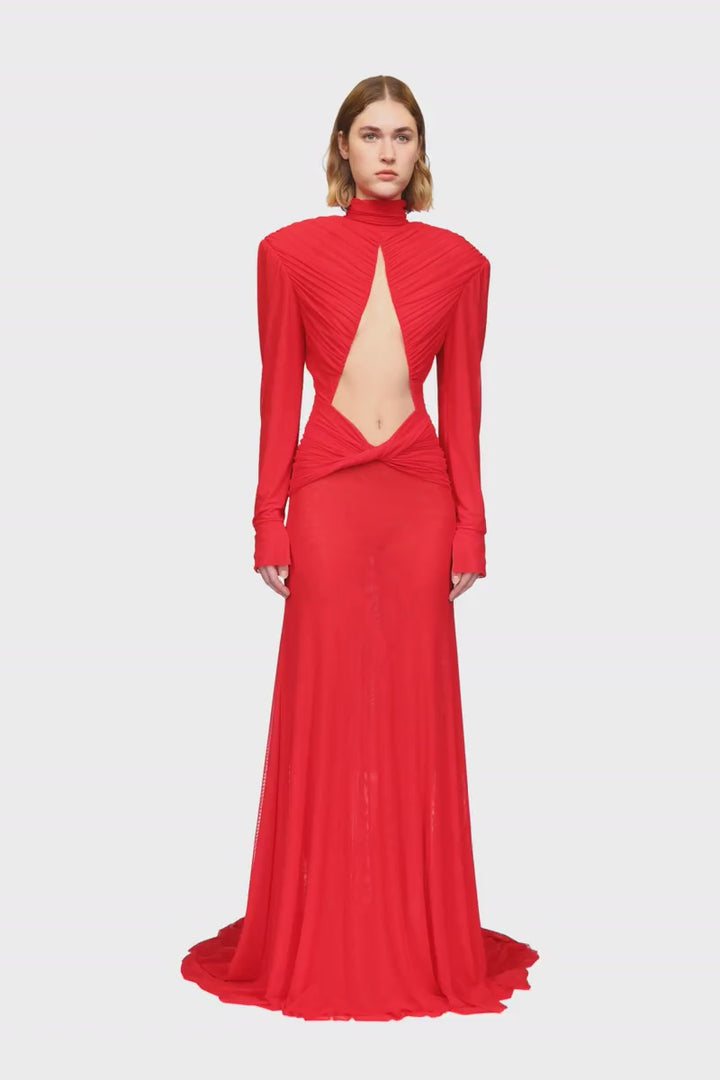 CUTOUT DETAIL LONG SLEEVE MESH GOWN