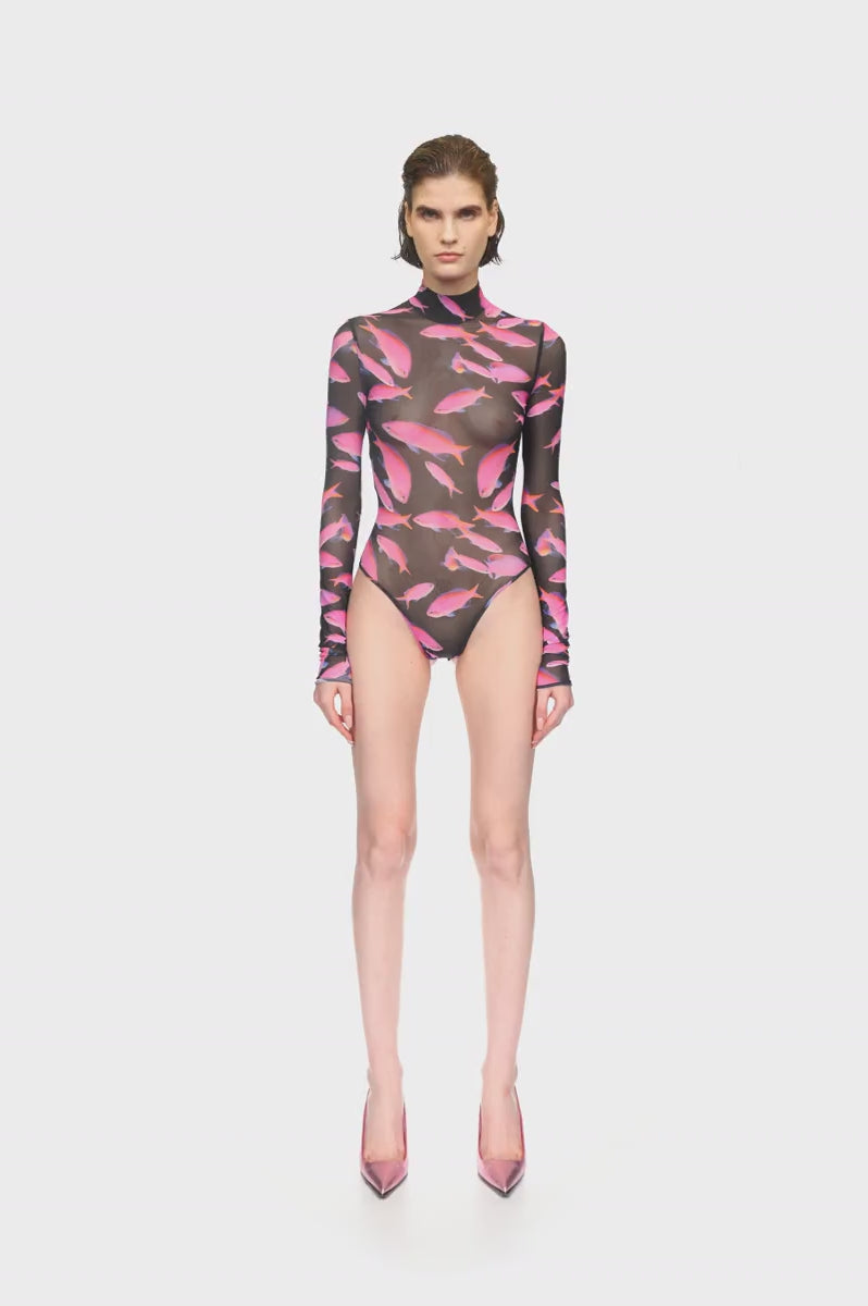 FISH PRINT MESH BODYSUIT