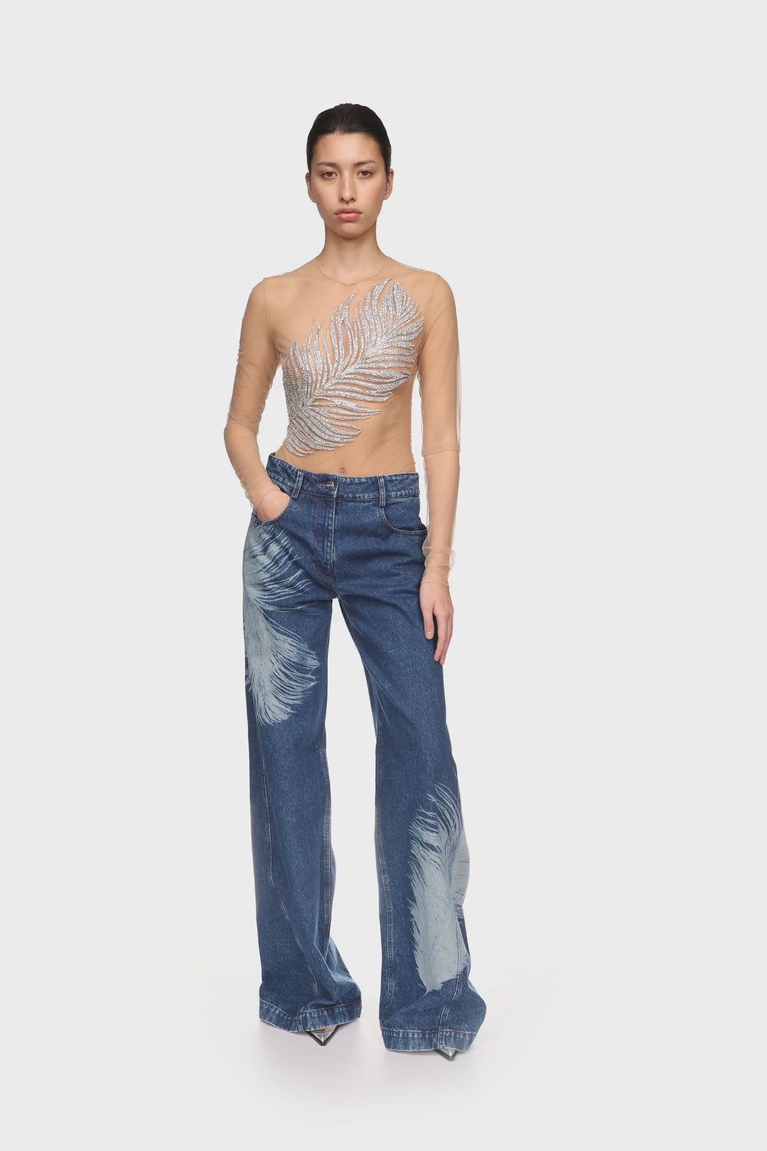 FEATHER PRINT WIDE LEG DENIM TROUSERS